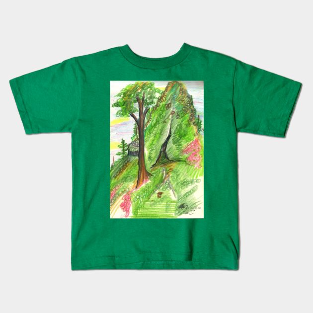 Green Grass Forest Land Trees Cave Mountain Woods Pink Sky Rock Colored Pencil Kids T-Shirt by pegacorna